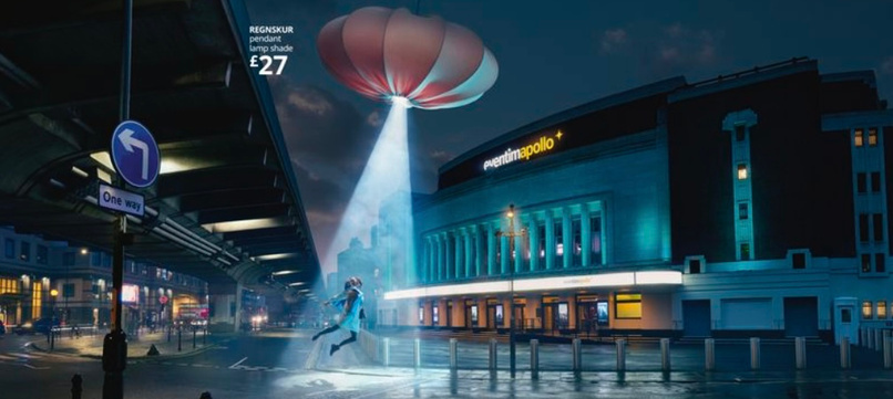Night-time city scene with a person beneath a glowing balloon in IKEA portfolio imagery